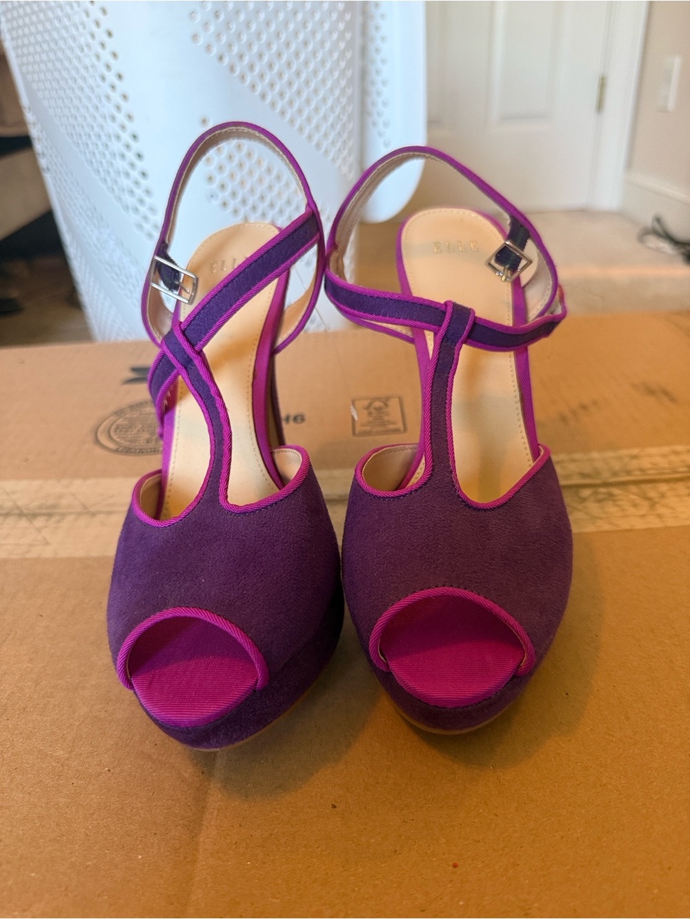 Elle Purple Suede T-Strap Peep-Toe Heels